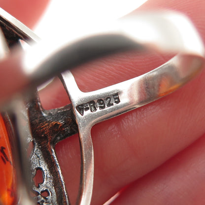 VALERIO V8 925 Sterling Silver Vintage Poland Real Amber Modernist Ring Size 6