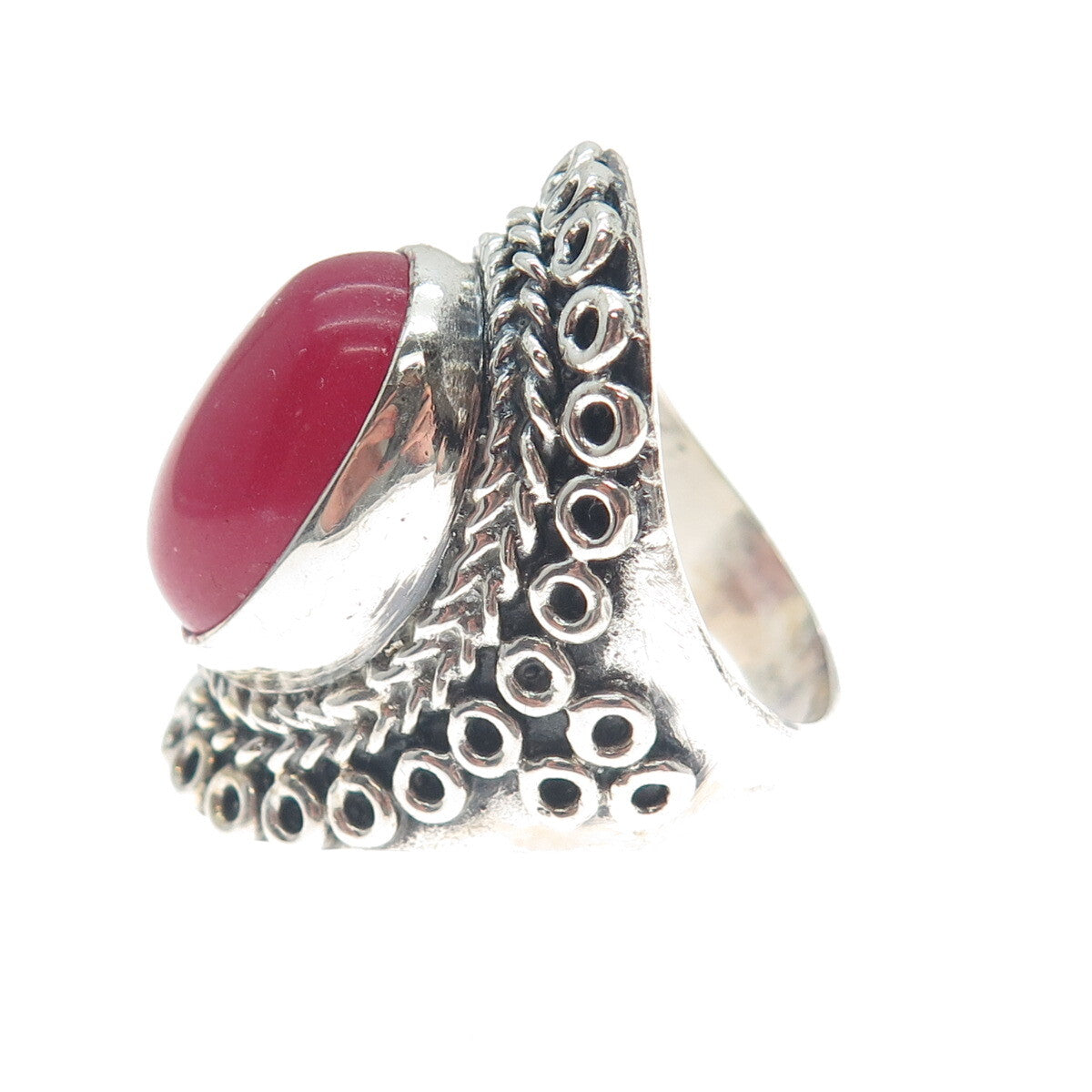 925 Sterling Silver Vintage Real Rhodonite Circle Link Oxidized Ring Size 8.75