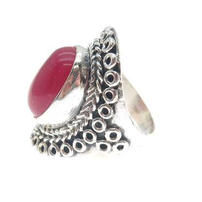 925 Sterling Silver Vintage Real Rhodonite Circle Link Oxidized Ring Size 8.75