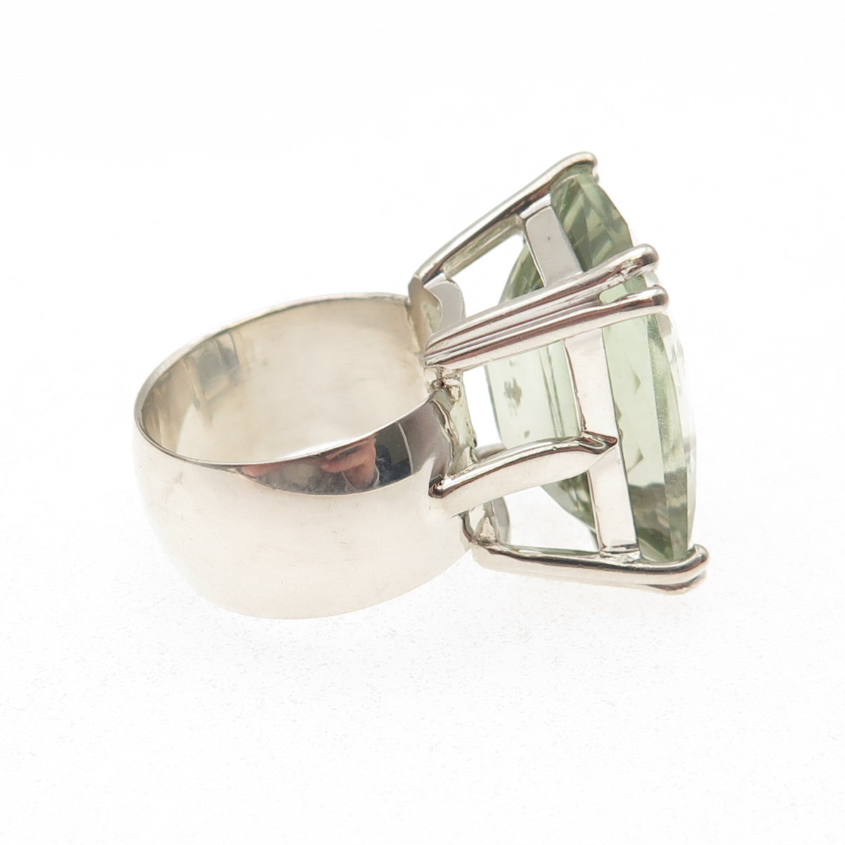 925 Sterling Silver Real Emerald-Cut Green Amethyst Statement Ring Size 6.5