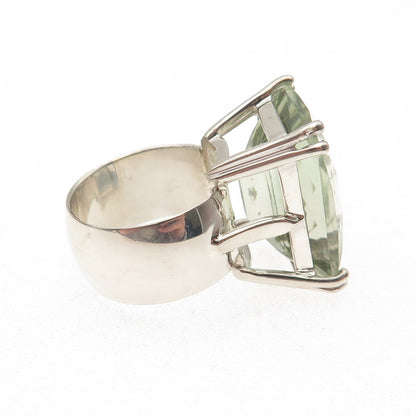 925 Sterling Silver Real Emerald-Cut Green Amethyst Statement Ring Size 6.5