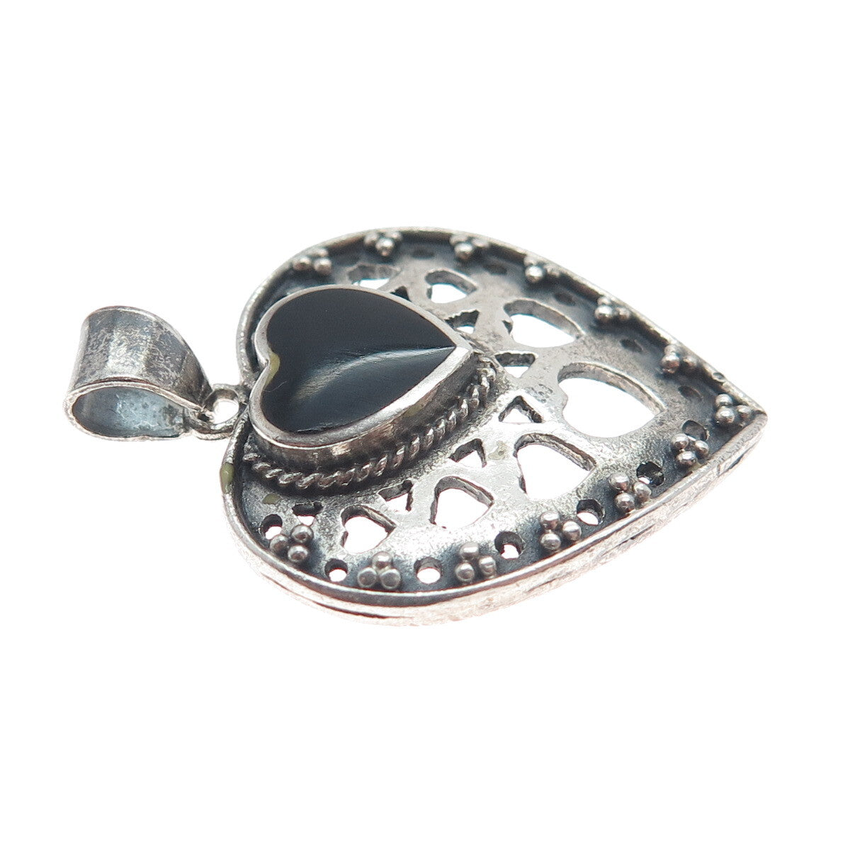 BOMA 925 Sterling Silver Vintage Black Onyx Gem Heart Cutout Oxidized Pendant