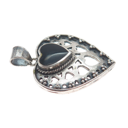 BOMA 925 Sterling Silver Vintage Black Onyx Gem Heart Cutout Oxidized Pendant