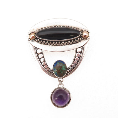 925 Sterling Gold Accent Vintage Real Azurite Amethyst Onyx Pin Brooch / Pendant