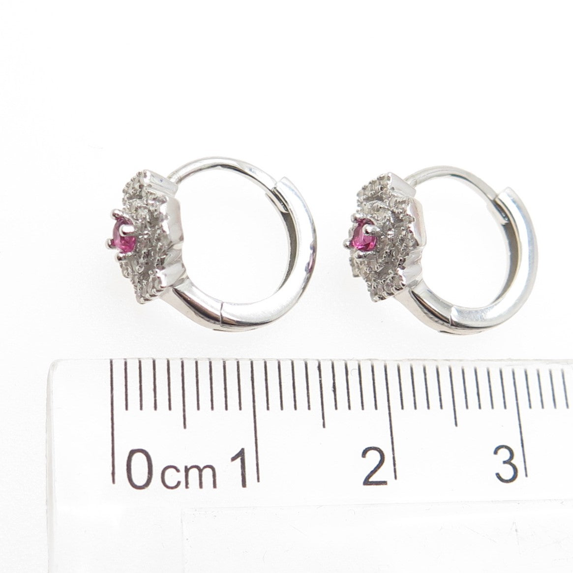 925 Sterling Silver Pink & White Round-Cut Shaped C Z Cross Hoop Earrings