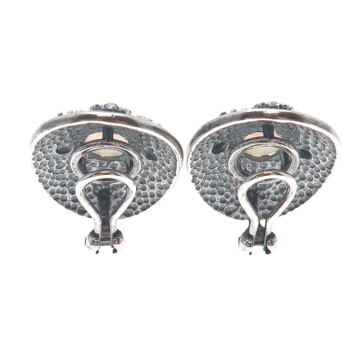 925 Sterling Silver Vintage Real Opal Granulated Oxidized Clip On Earrings