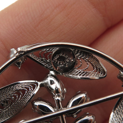 RO-MAN 925 Sterling Silver Vintage Rhinestone Floral Filigree Pin Brooch