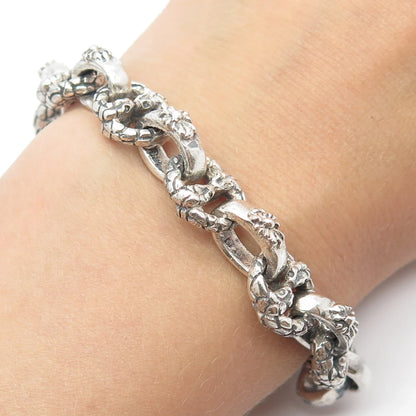 925 Sterling Silver Vintage Snake Head Ornate Rolo Link Bracelet 7.25"