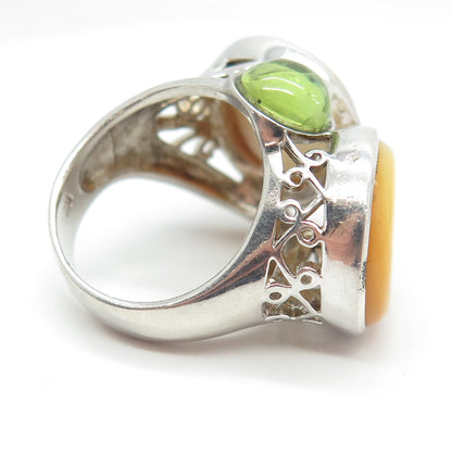 925 Sterling Silver Vintage Real MOP & Peridot Modernist Ring Size 7.5