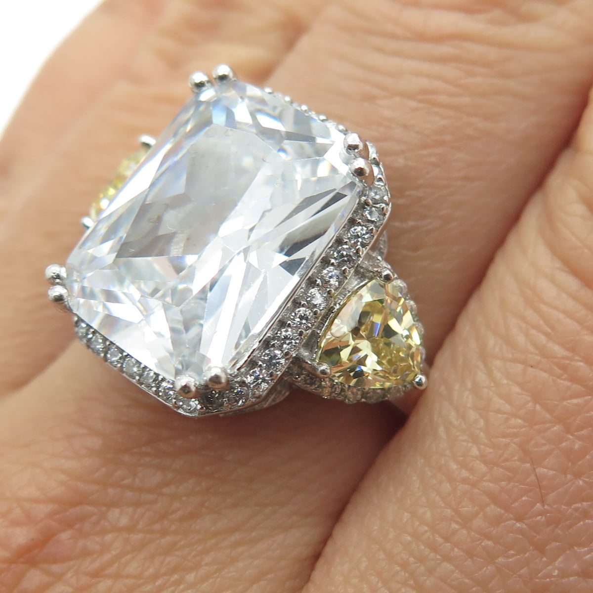 925 Sterling Silver White & Canary C Z Statement Ring Size 7.75