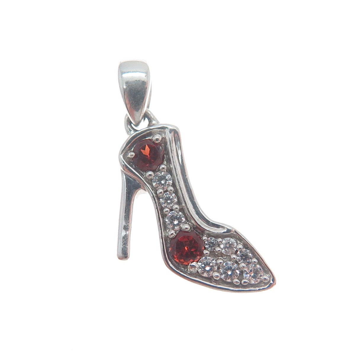 925 Sterling Silver Real Round-Cut Red Garnet & C Z High Heel Shoe Mini Pendant