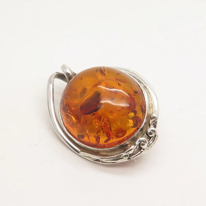 925 Sterling Silver Vintage Real Amber Pin Brooch