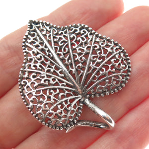 925 Sterling Silver Vintage Ornate Floral Leaf Oxidized Pin Brooch