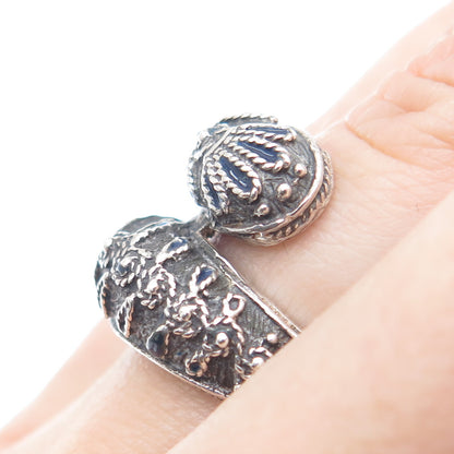 900 Silver Vintage Enamel Filigree Bypass Oxidized Ring Size 6.75