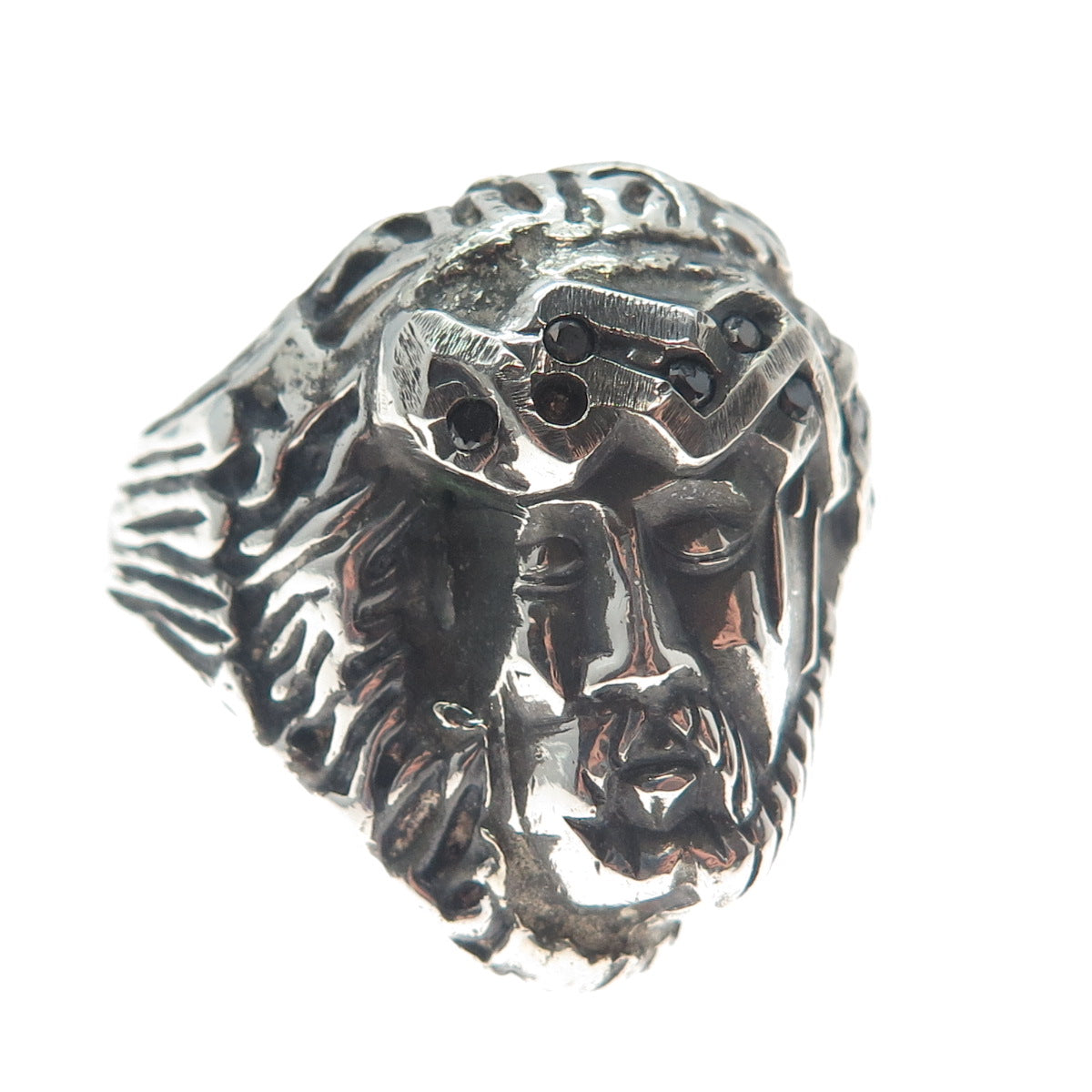 925 Sterling Vintage Real Black Diamond Jesus Ring Size 12.75 (missing 3 stone)