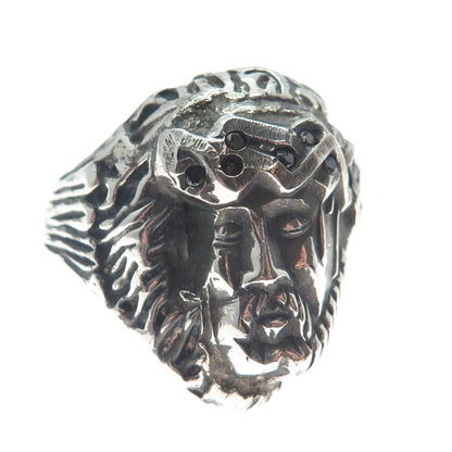 925 Sterling Vintage Real Black Diamond Jesus Ring Size 12.75 (missing 3 stone)