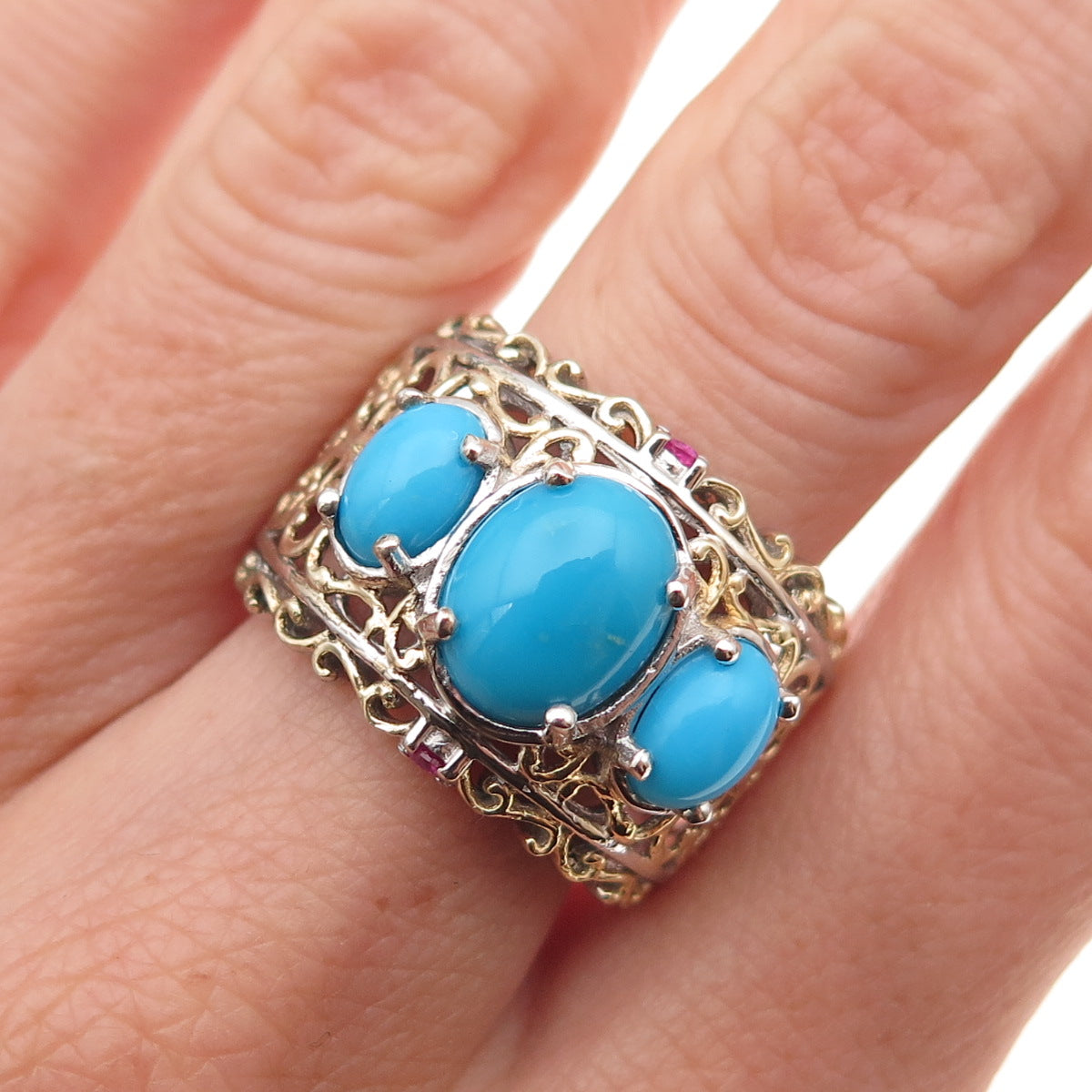 Chuck Clemency 925 Sterling Silver 2-Tone Real Turquoise & Ruby Ring Size 8.5