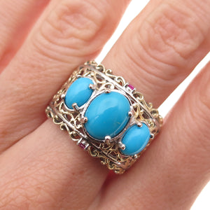 Chuck Clemency 925 Sterling Silver 2-Tone Real Turquoise & Ruby Ring Size 8.5