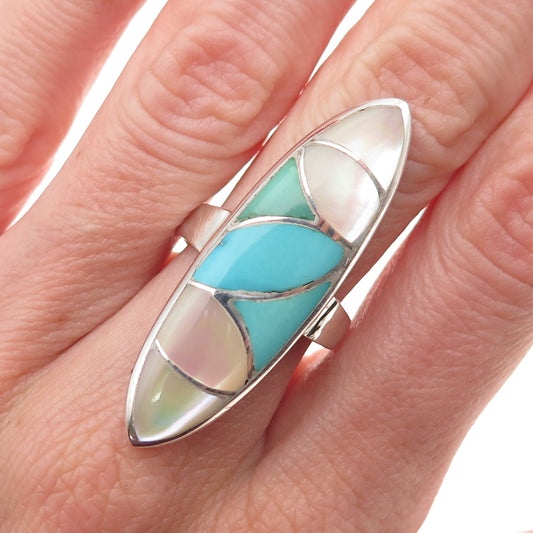 Orlinda Natewa Zuni Old Pawn 925 Sterling Vintage Turquoise & MOP Ring Size 6.75