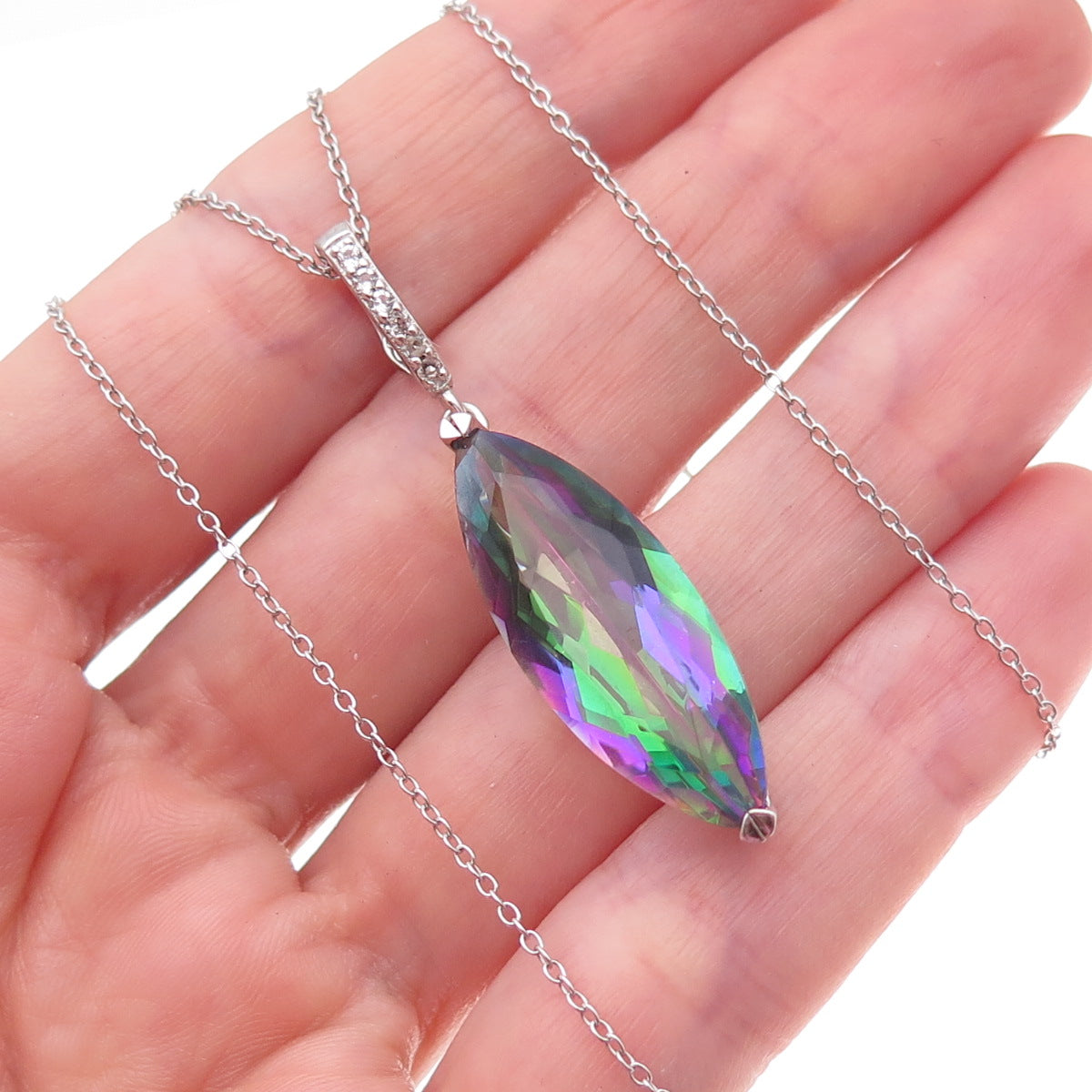925 Sterling Silver Real Mystic Quartz & C Z Cable Chain Necklace 18"