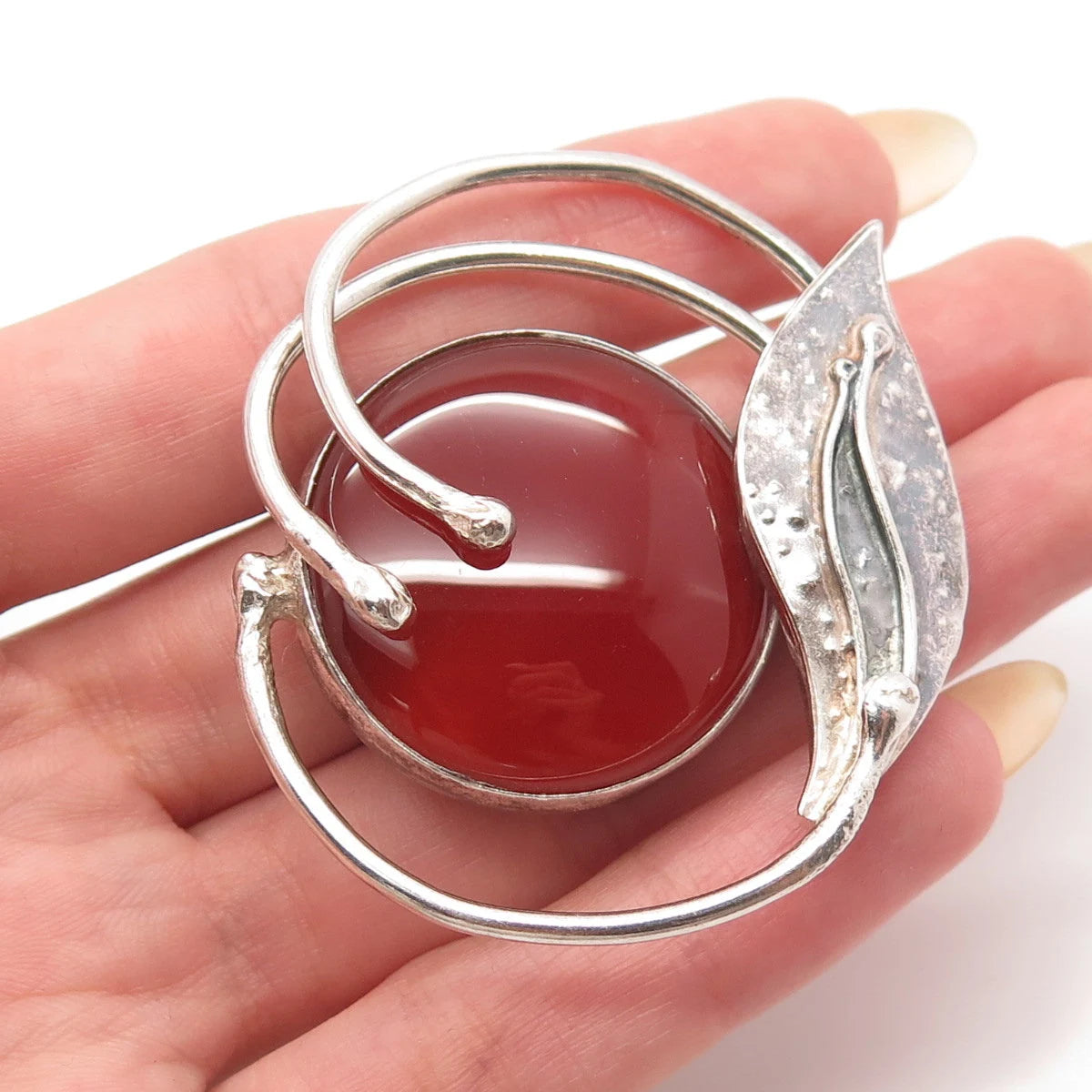 925 Sterling Silver Vintage Real Carnelian Gemstone Modernist Pin Brooch