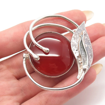 925 Sterling Silver Vintage Real Carnelian Gemstone Modernist Pin Brooch