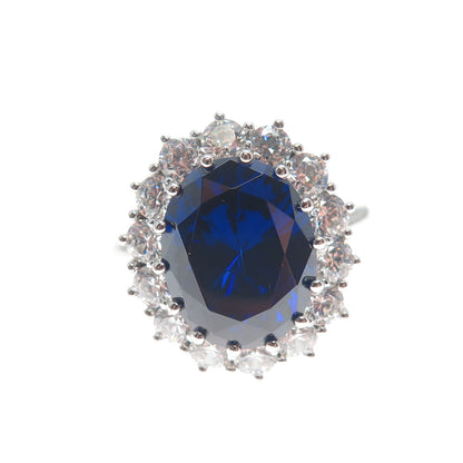 925 Sterling Silver Blue Oval-Cut & White Round-Cut Shaped C Z Ring Size 8.25
