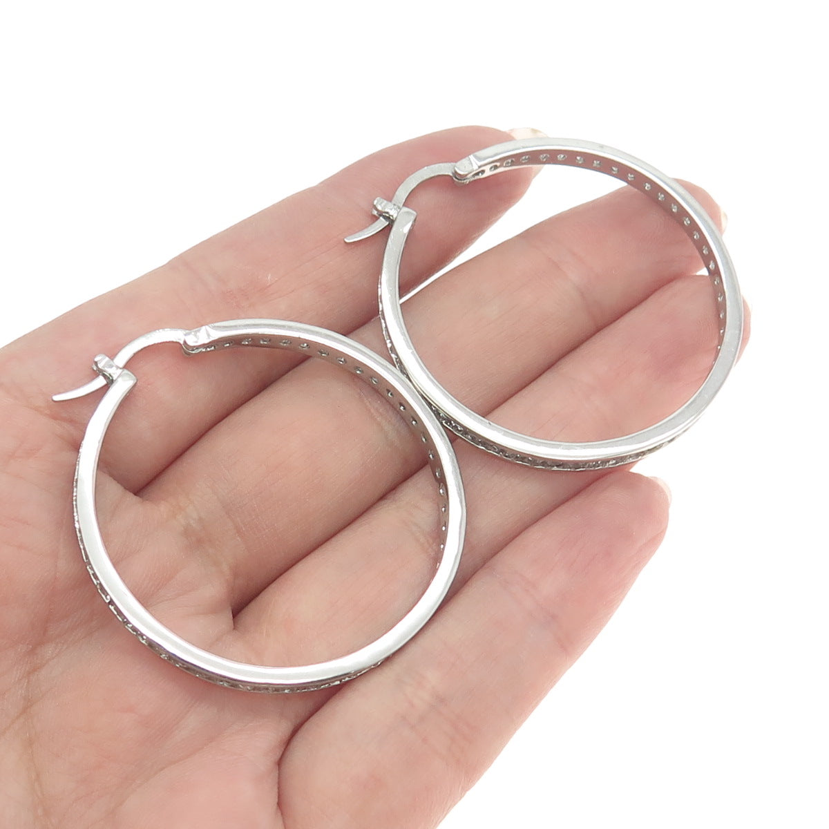 925 Sterling Silver Round-Cut All Around C Z Hoop Earrings