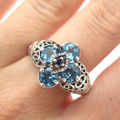CNA PRANDA 925 Sterling Silver Vintage Real Sapphire & Topaz Flower Ring Size 10