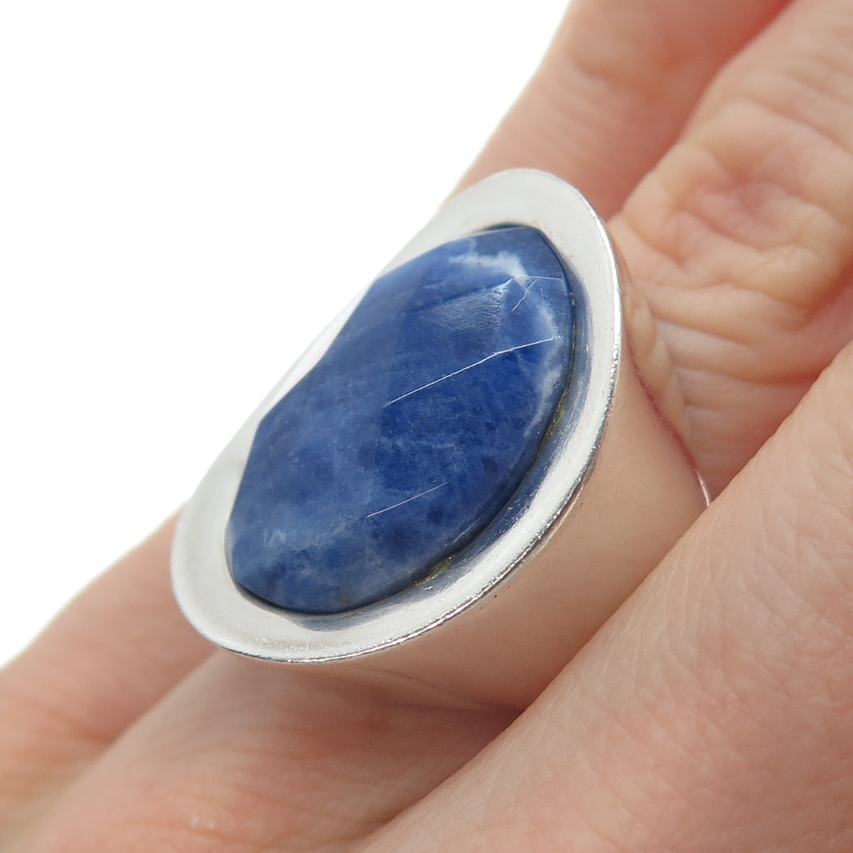 950 Silver Vintage Real Sodalite Modernist Statement Ring Size 6.5