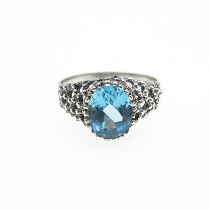 925 Sterling Silver Vintage Blue C Z Modernist Granulated Oxidized Ring Size 6
