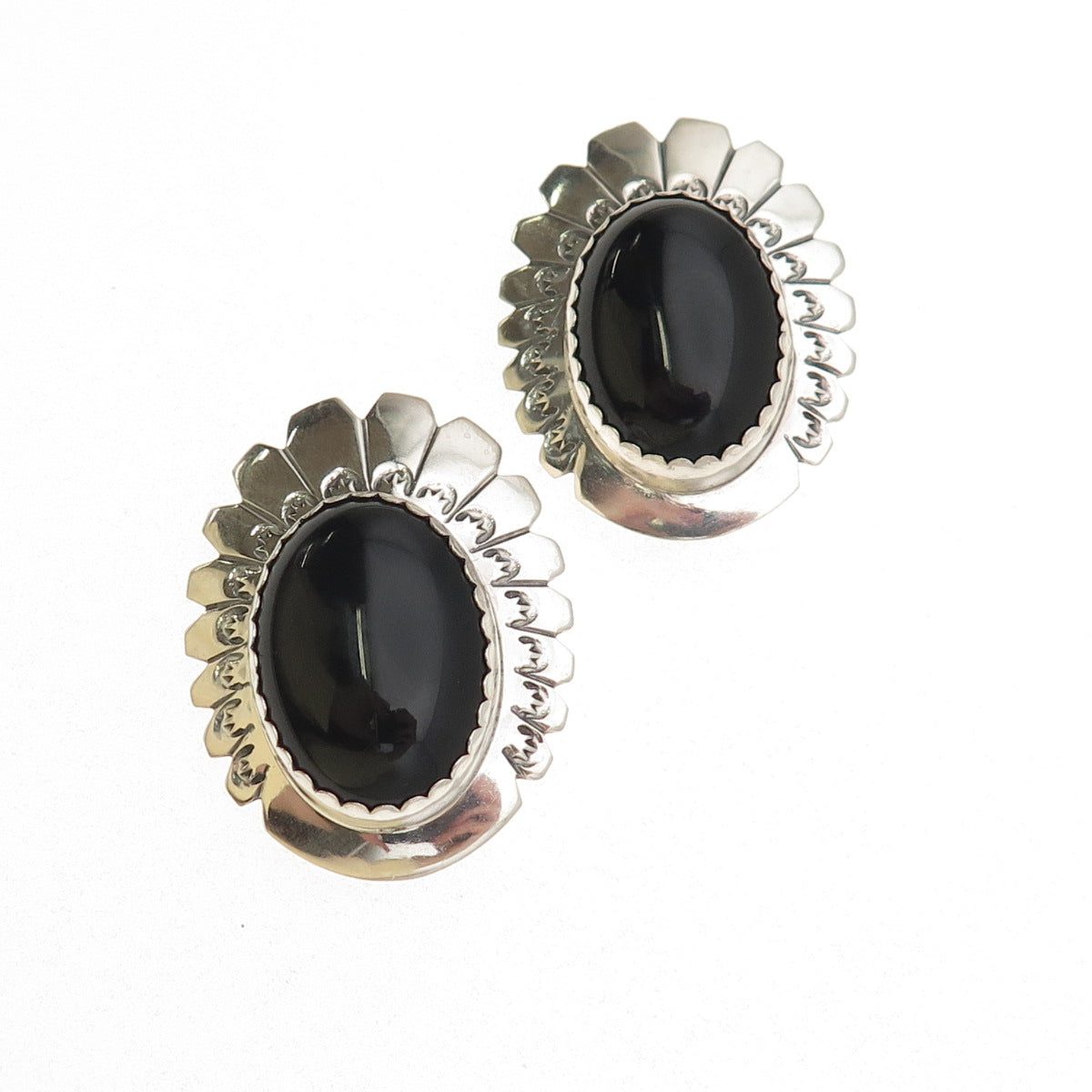 Alex Begay Navajo Old Pawn Sterling Silver Vintage Black Onyx Clip On Earrings