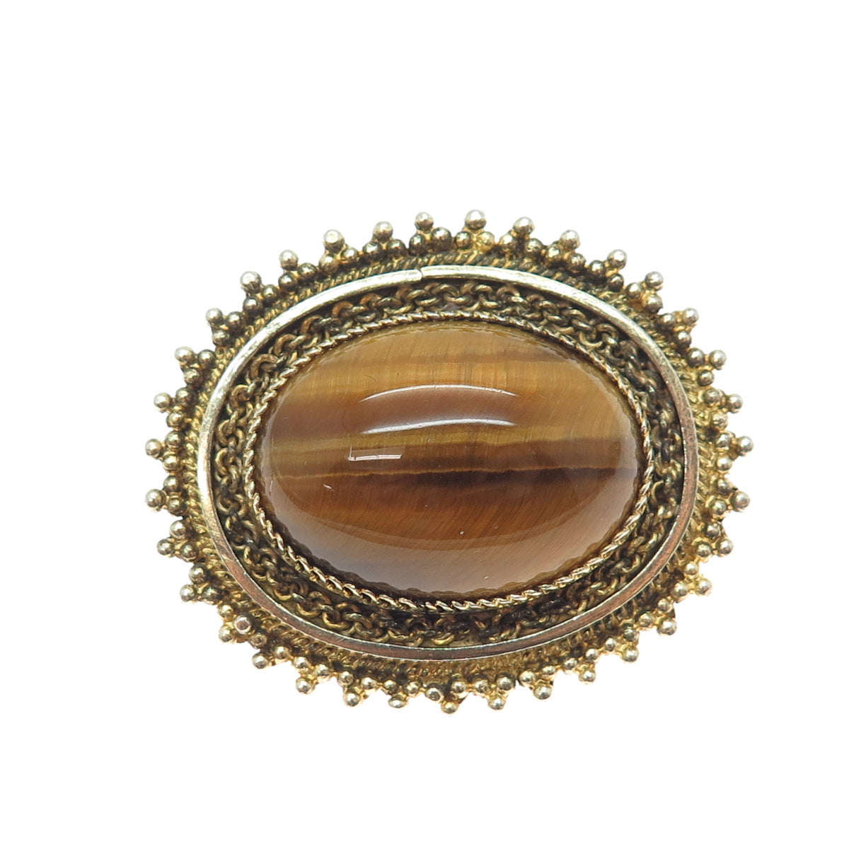 925 Sterling Silver Gold Plated Vintage Israel Real Tiger Eye Pin Brooch Pendant