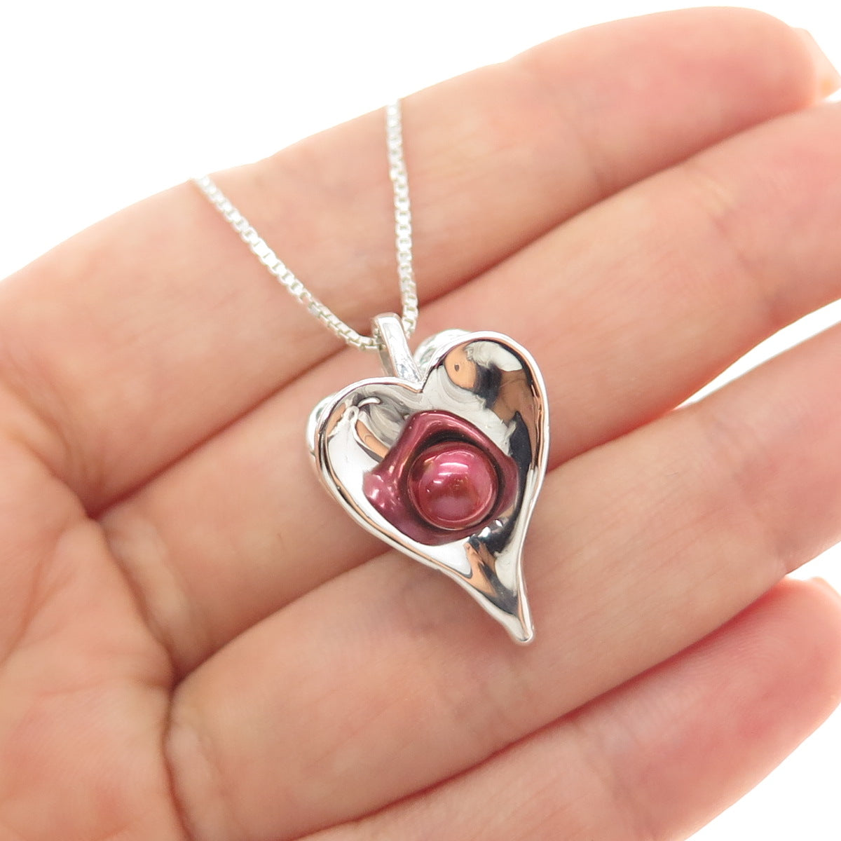 HAGIT GORALI Sterling Silver Vintage Israel Tahitian Pearl Heart Necklace 16"