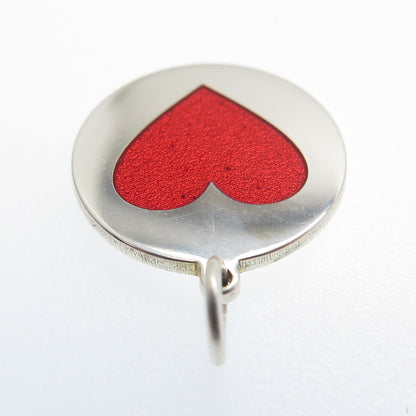 925 Sterling Silver Red Enamel Heart Round Tag Minimalist Charm Pendant