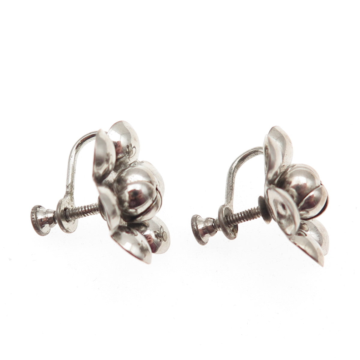 925 Sterling Silver Vintage Flower Oxidized Screw Back Earrings