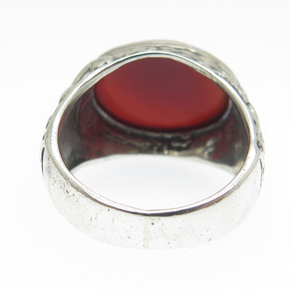 925 Sterling Silver Vintage Real Carnelian Flower Oxidized Ring Size 7