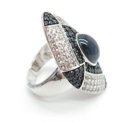 925 Sterling Silver Real Cabochon Sapphire White Topaz Black Spinel Ring Size 6