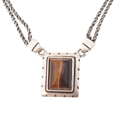 Lisa Jenks 925 Sterling Silver Vintage Real Tiger Eye Modernist Necklace 16"