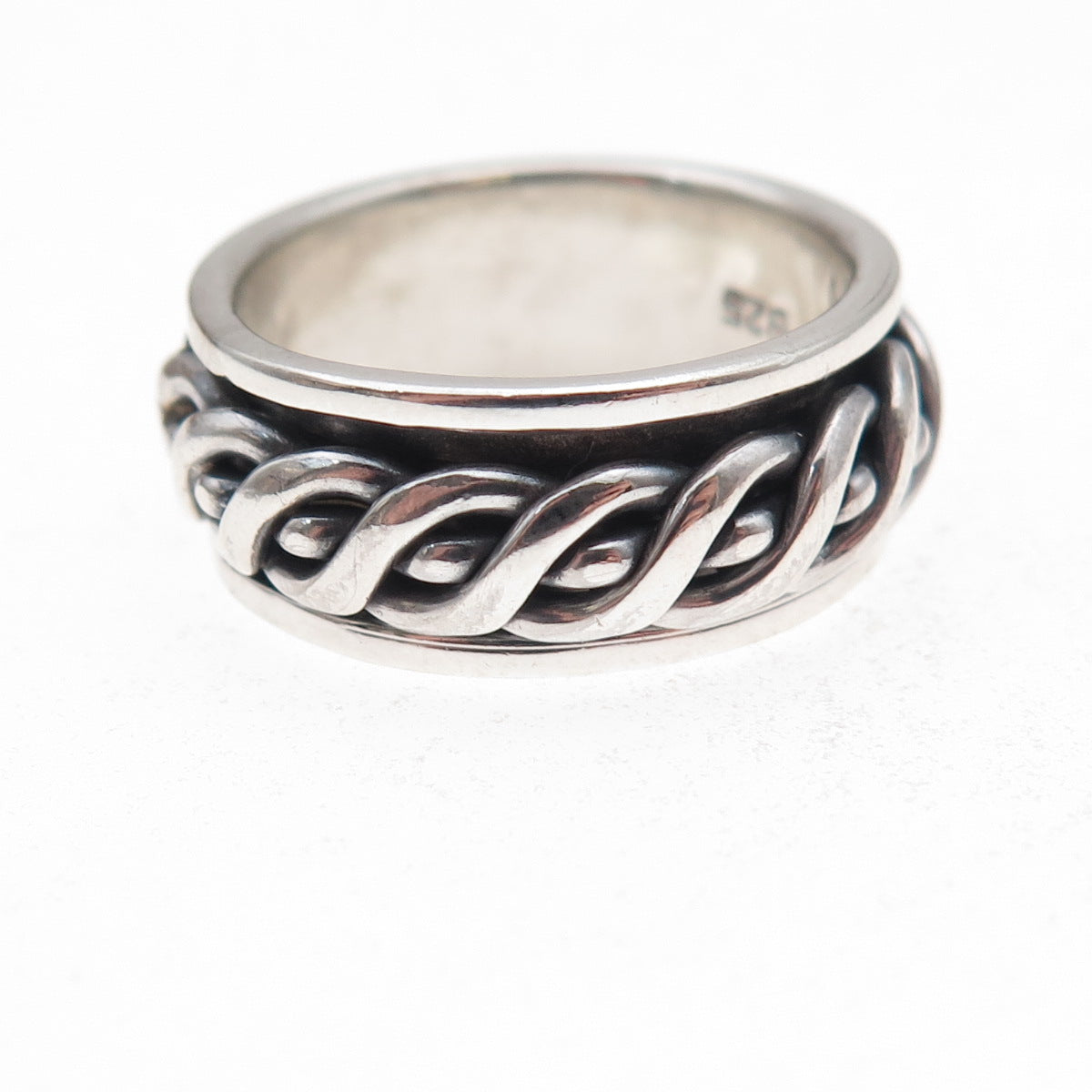925 Sterling Silver Vintage Woven Oxidized Rotating Band Ring Size 8