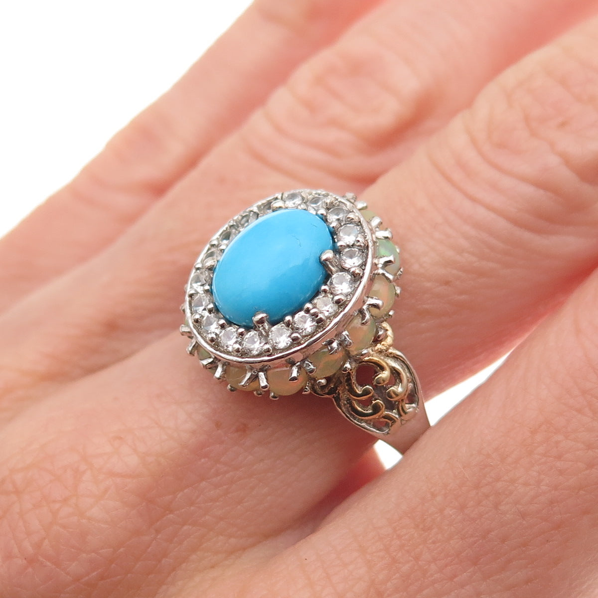 Chuck Clemency Sterling Silver 2-Tone Real Turquoise Opal & Topaz Ring Size 8.25