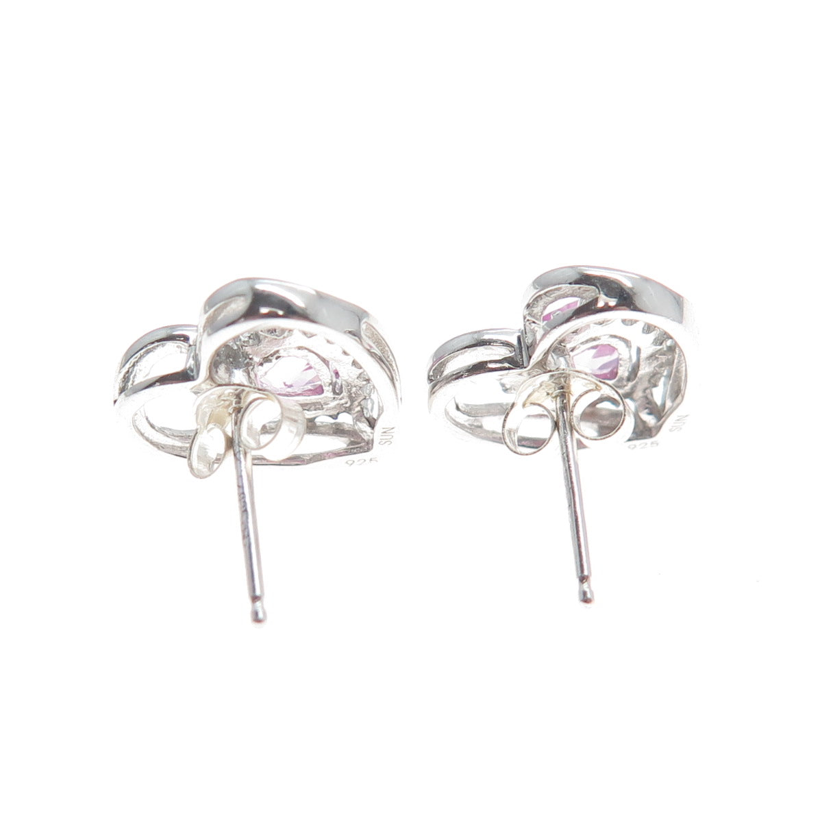 SUN 925 Sterling Silver Real Pink Sapphire Heart Stud Earrings