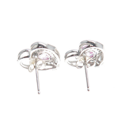 SUN 925 Sterling Silver Real Pink Sapphire Heart Stud Earrings