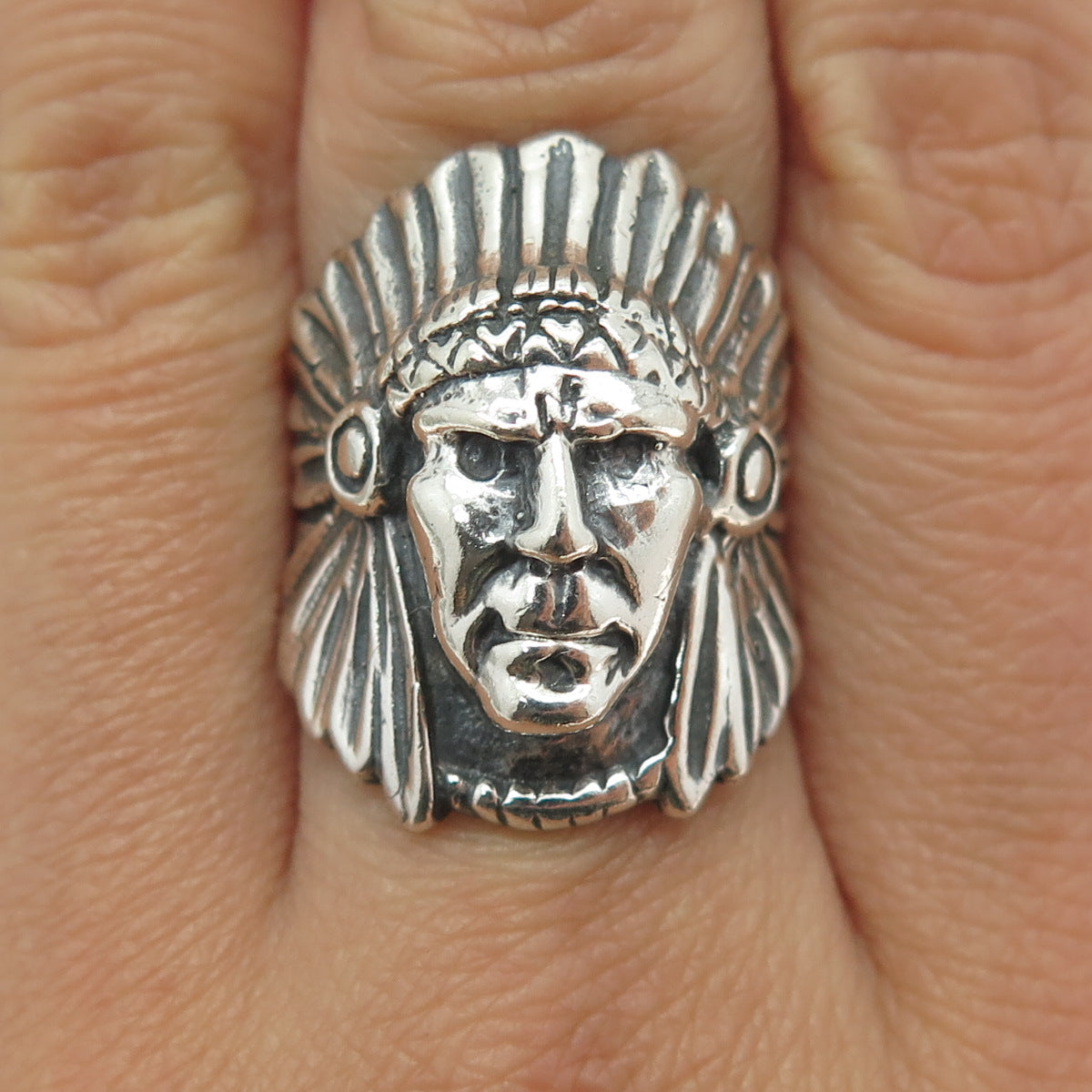 925 Sterling Silver Vintage Indian Chief Tribal Wide Ring Size 7.75