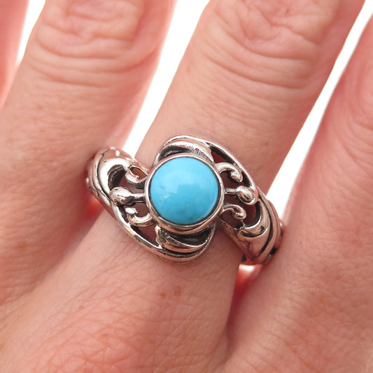 925 Sterling Silver Vintage Real Turquoise Floral Oxidized Ring Size 9.25