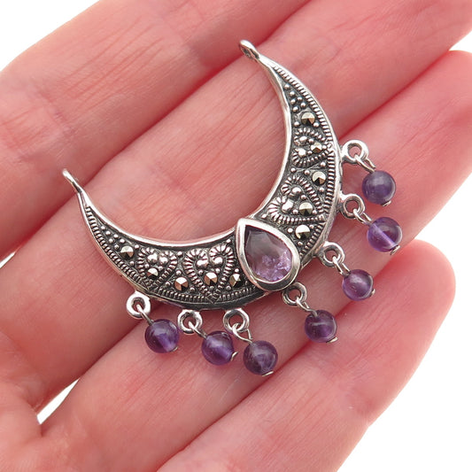 925 Sterling Silver Vintage Real Amethyst Marcasite Crescent Centerpiece Pendant