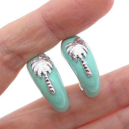 925 Sterling Silver Enamel Palm Omega Back & Clip On Earrings