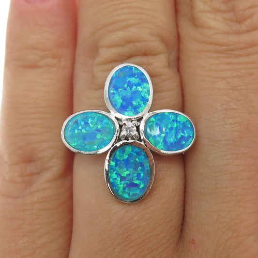 925 Sterling Silver Real Opal & C Z Floral Ring Size 6.25