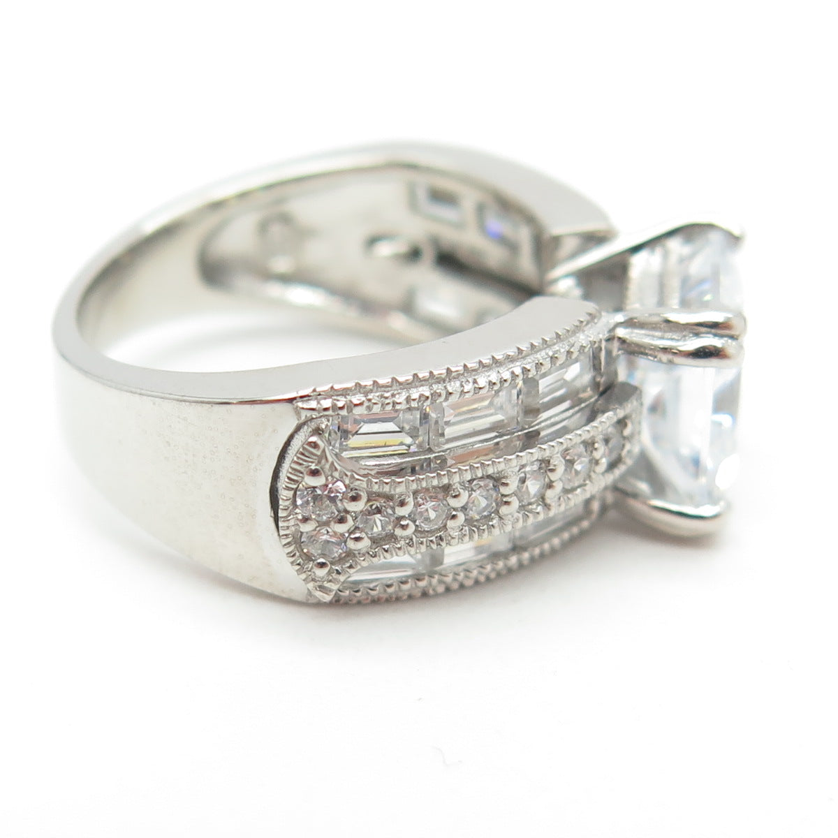 925 Sterling Silver Princess-Cut Round-Cut & Emerald-Cut Shaped C Z Ring Size 5