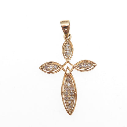 925 Sterling Silver Gold Plated Real Round-Cut Diamond Cross Charm Pendant